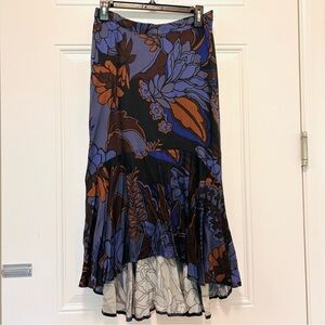 Tahari Blue and Rust Floral Midi Skirt SZ M
